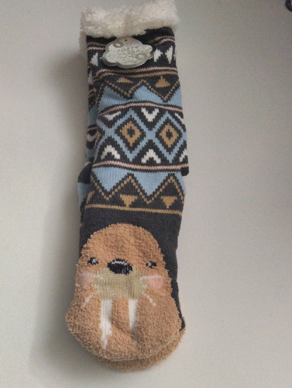 Fuzzy Babba Cozy Walrus Patterned Fuzzy Lined Socks Blue, Cream New Size 9-11